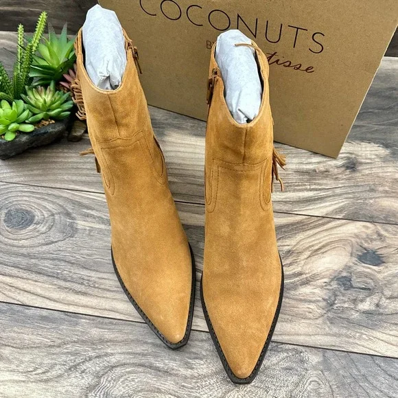 NIB Coconuts By Matisse 8.5M Saddle Suede Leather Western Fringe Booties - Picture 2 of 11